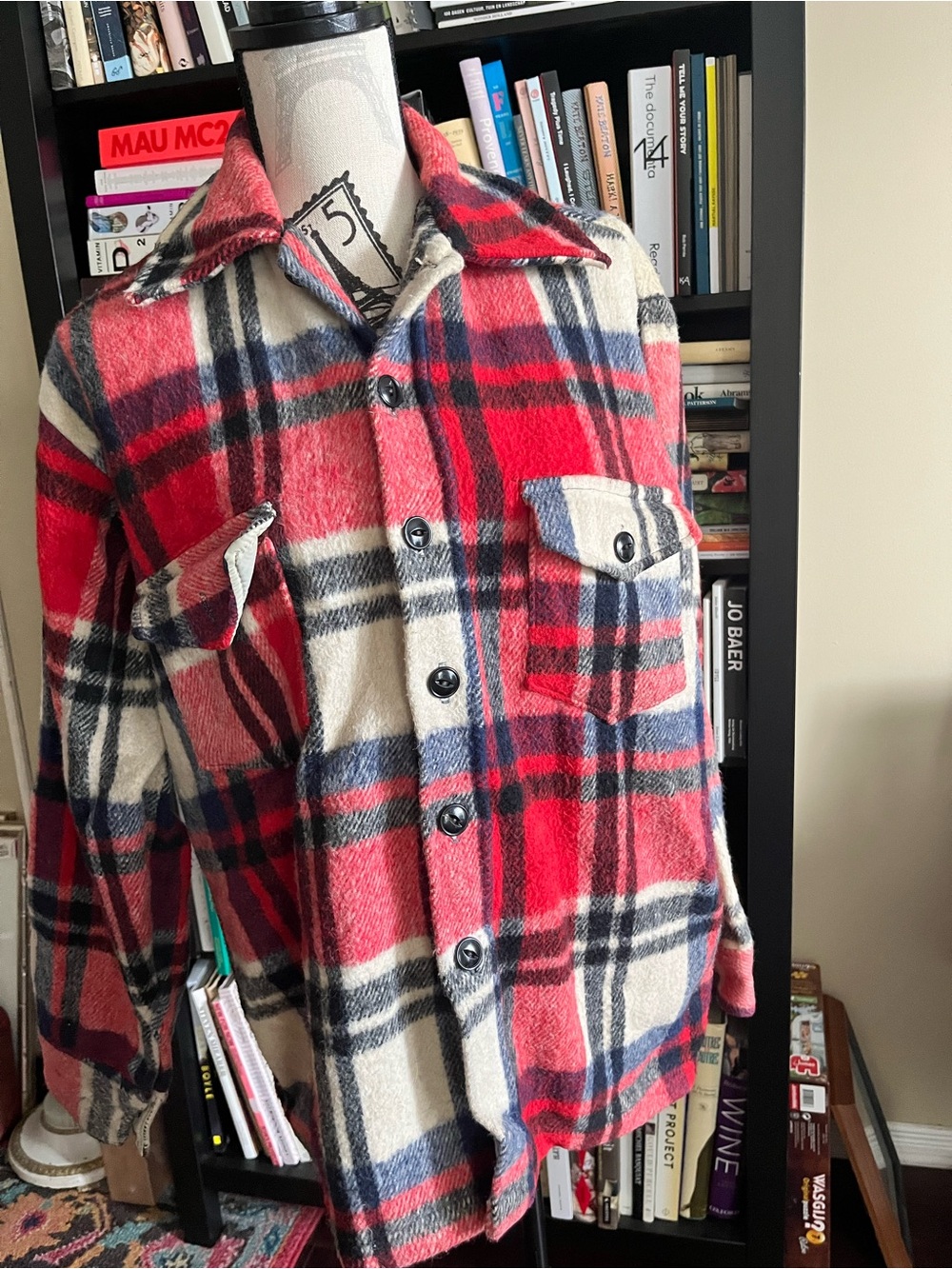 Vintage Red Plaid Wool Men’s Button-Up Shirt Jacket, Heavy and Thick